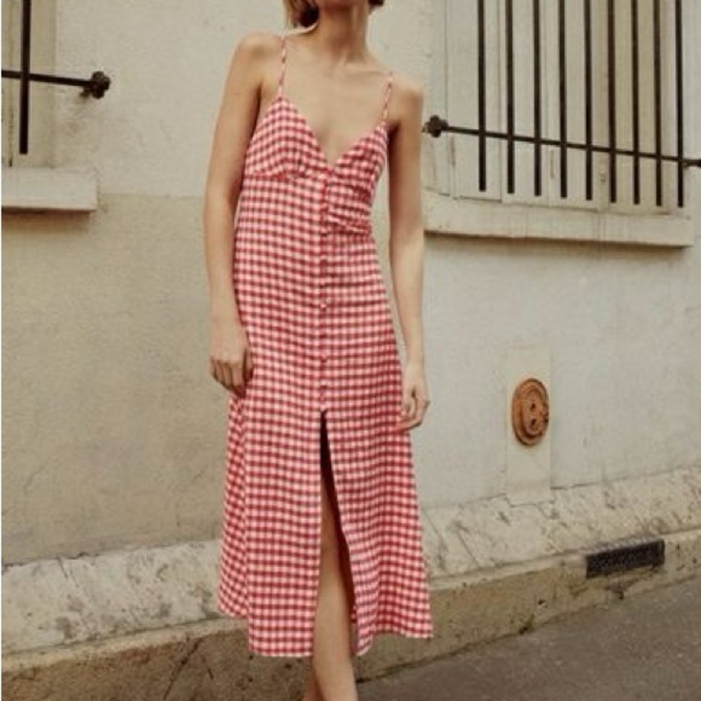 Zara Pink and White Gingham Button-Front Midi Dress